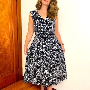 Lanz Vintage 1970s Elegant Navy Blue and White Polka Dot Dress